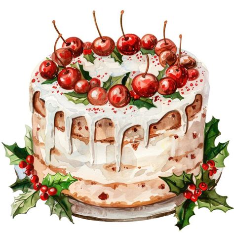 Festive Christmas Cake With Holly And Berries Watercolor Illustration