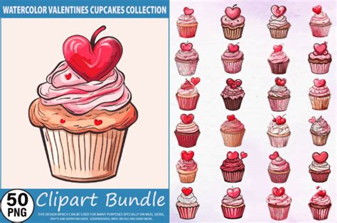 Watercolor Valentines Cupcakes Clipart Graphic By Regulrcrative