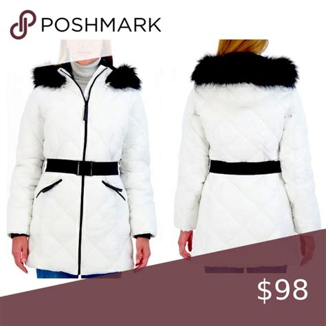 Sebby Collection White Diamond Quilt Belted Puffer Jacket Jackets