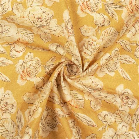 Mustard Yellow And Beige Floral Digital Print Cotton Cambric Fabric Fabcurate