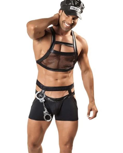 Sexy Male Police Cosplay Costumes Black Lingerie Set Faux Leather Mesh