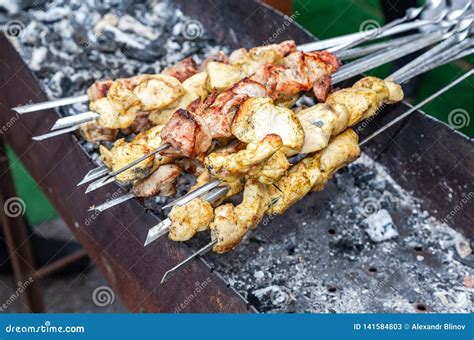 Grilled Appetizing Kebab Cooking On Metal Skewers Stock Image Image