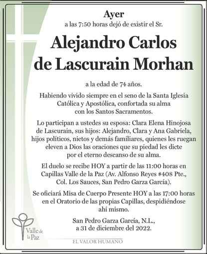 Se Or Alejandro Carlos De Lascurain Morhan Obituario Esquela