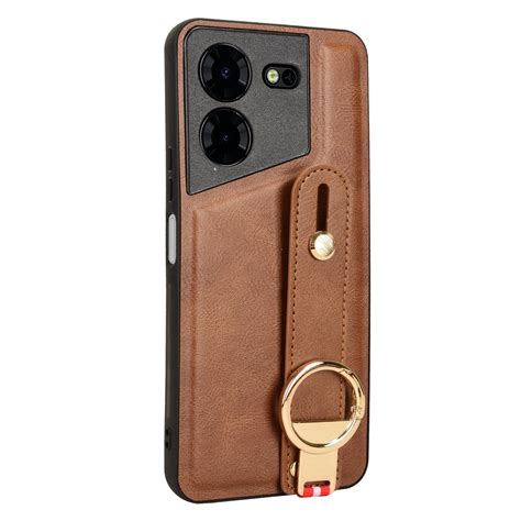 For Tecno Pova Pro Wristband Leather Back Phone Case Brown