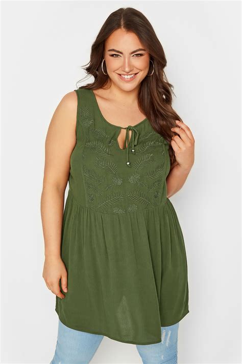 Yours Plus Size Khaki Green Embroidered Peplum Vest Top Yours Clothing