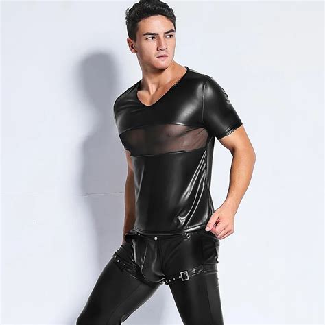 Erotic Lingerie Wetlook Faux Leather Mens Tops Undershirts Sexy Short