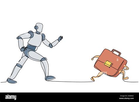 Single One Line Drawing Robot Running Chasing Briefcase Leather