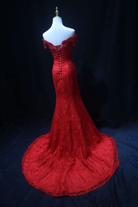 Red Off Shoulder Lace Mermaid Formal Prom Dress Long Prom Dress Dp1152