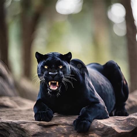 Ai Generated Black Panther With Striking Green Eyes Sitting On A Rock