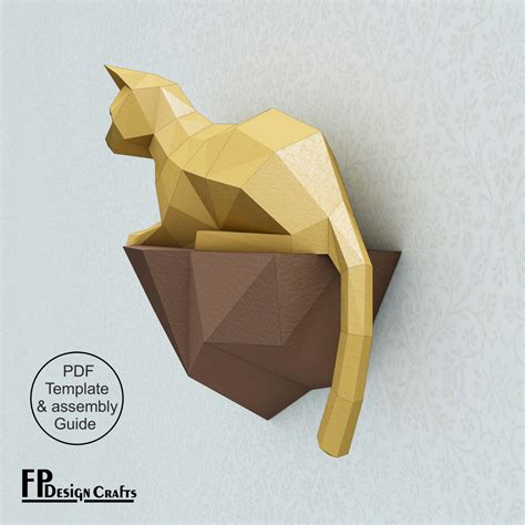 Cat On A Stone Papercraft 3d Diy Origami Sculpture Low Poly Cat Paper Crafts Template