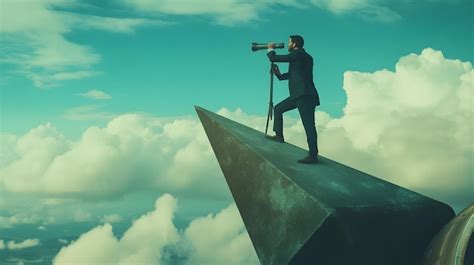 Man In Suit Looking Through Telescope On Pointy Surface Above Clouds Premium Ai Generated Image