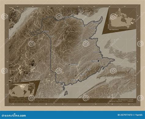 New Brunswick Canada Sepia Labelled Points Of Cities Stock