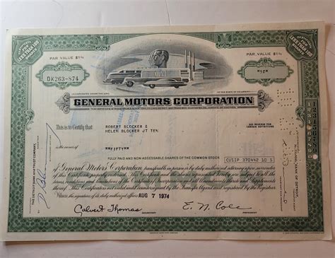 Vintage General Motors Stock Certificate Automobile Collectible - Etsy