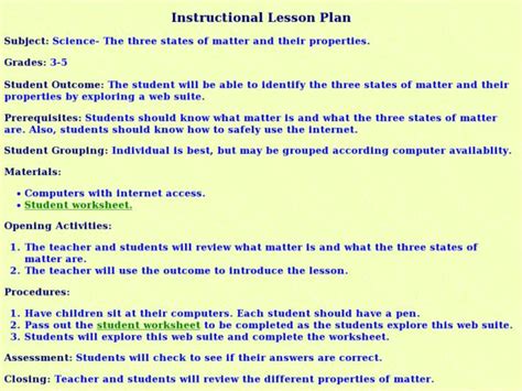 Instructional Lesson Plan States Of Matter And Their Properties Lesson Plan For 3rd 5th Grade