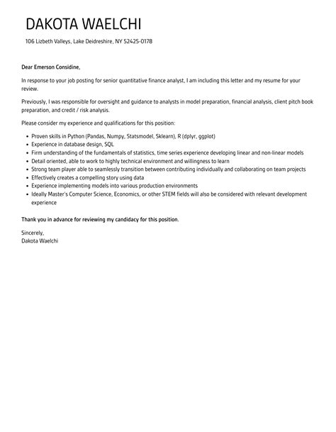 Senior Quantitative Finance Analyst Cover Letter Velvet Jobs