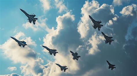 Premium Photo Group Of Fighter Jets Flying Through A Cloudy Sky