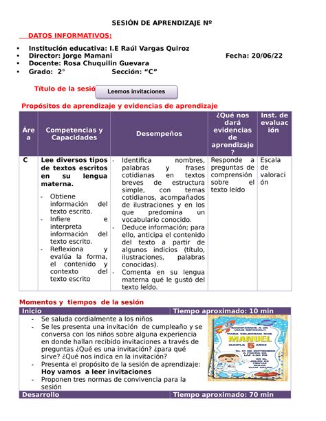 Sesion sobre invitacion SESIÓN DE APRENDIZAJE Nº DATOS INFORMATIVOS