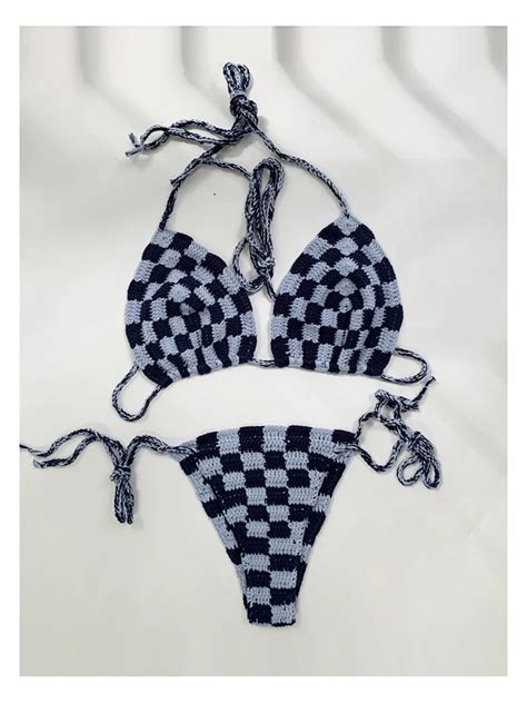 Women New Crochet Checkered Bikini Set Navy And Light Blue Crochet Checker Swimsuit