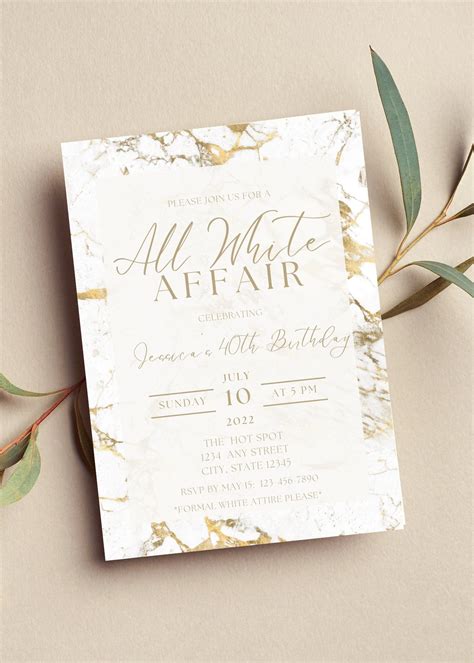 Editable All White Affair Invitation All White Party Invitation White And Gold Marble Formal