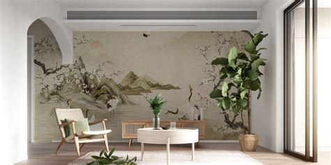 Crane Landscape Painting Mural Wallpaper | Flower Wallpaper UK