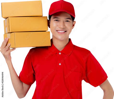 Young Asian Man In Uniform Red And Cap Standing Carrying Box Stack