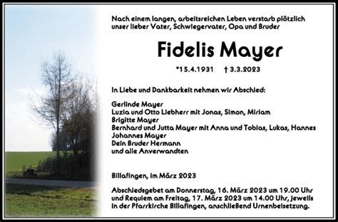 Traueranzeigen Von Fidelis Mayer Schwaebische De Trauerportal