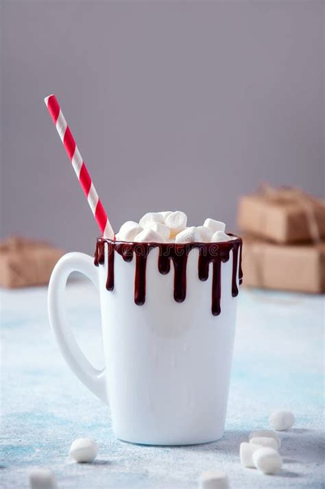 Christmas Hot Drink White Cup Of Cocoa Or Chocolate With Marshmallows On Light Background With