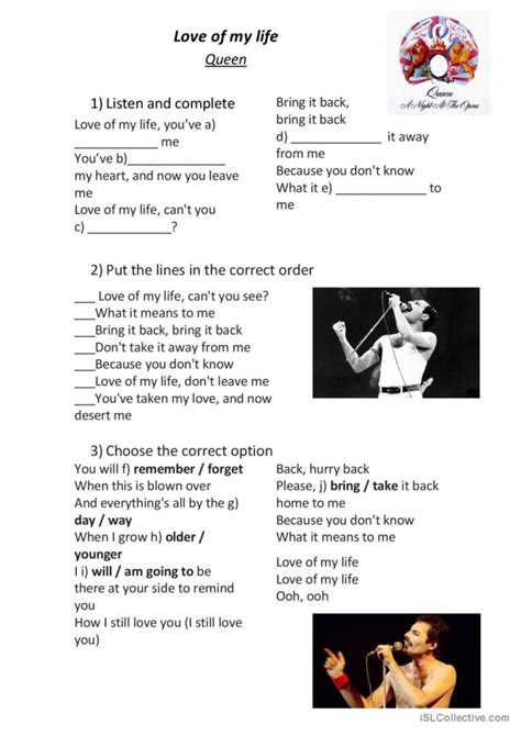 Queen Love Of My Life English Esl Worksheets Pdf And Doc