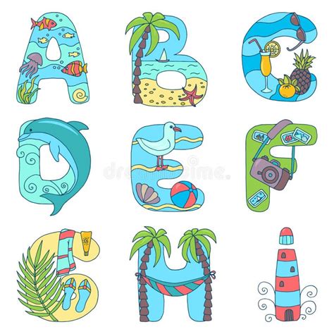 English Alphabet From A To I On The Theme Of Vacation On The Sea Summer Holidays Stock