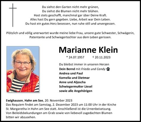 Traueranzeigen Von Marianne Klein Rz Trauer De