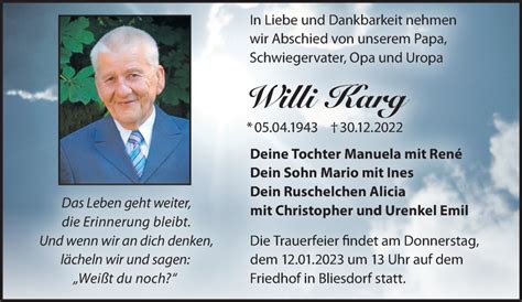 Traueranzeigen von Willi Karg Märkische Onlinezeitung Trauerportal