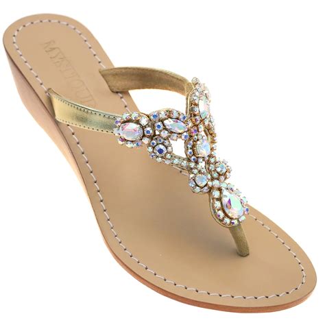 Messina Womens Gold Jeweled Wedge Sandals Mystique Sandals