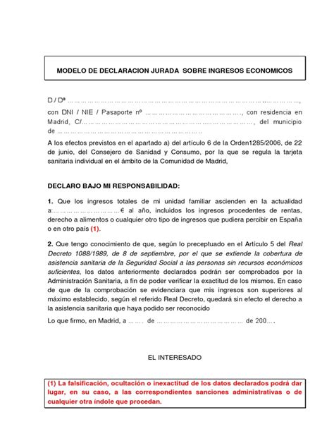 Modelo De Declaracion Jurada Ingresos Pdf