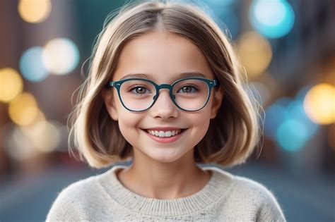 Premium Photo Cute Caucasian Girl With Eyeglasses Smiling At Camera