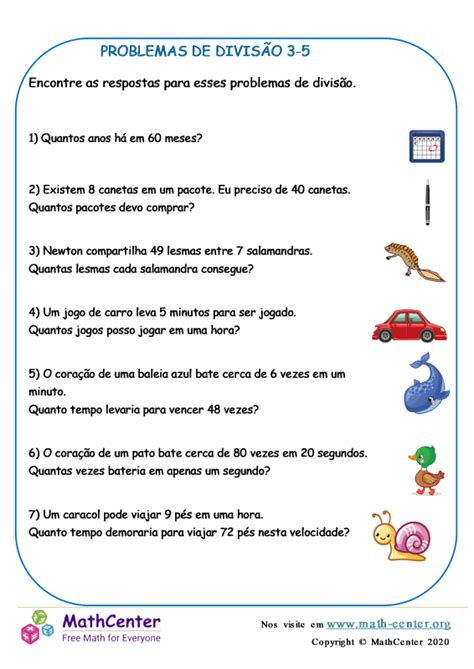 Terceiro Ano Planilhas Problemas de Divisão Math Center