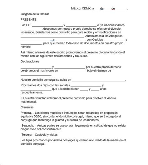 formato de demanda de divorcio incausado y convenio
