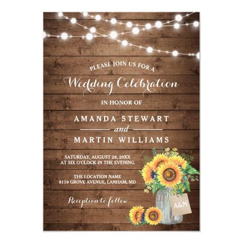 Rustic Sunflowers Mason Jar String Lights Wedding Invitation