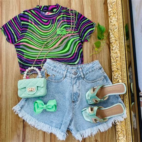 Conjunto Teen Top Verde Neon Sobrep Blusa Tule E Shorts Jeans Desfiado