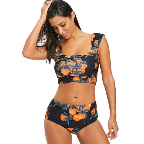 ZAFUL 2018 New Women Swimsuit Bikini Orange Print Crop Top Swimsuit