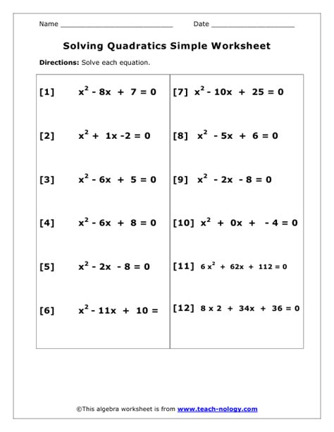 Solving Simple Quadratic Equations Worksheet