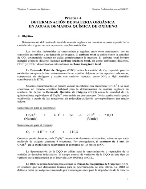 Práctica 4 DETERMINACIÓN DE MATERIA ORGÁNICA EN AGUAS