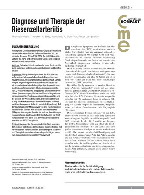 PDF Diagnose Und Therapie Der Riesenzellarteriitis Filemellitus