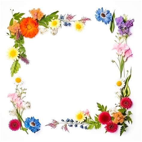 Square Floral Frame With Watercolor Flowers Border And Outlined Leaves