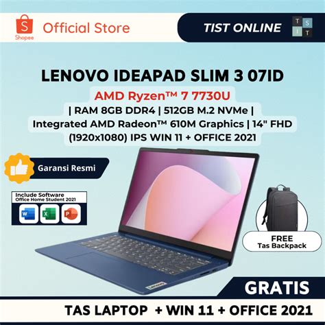 Jual Lenovo Ideapad Slim 3 14abr8 07id Blue Amd Ryzen 7 7730u 8gb 512gb