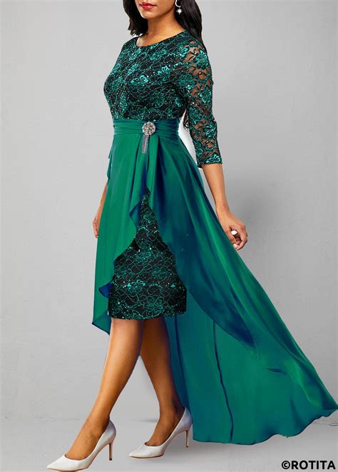 ROTITA Lace Patchwork Turquoise 3 4 Sleeve Dress Rotita USD 48 98