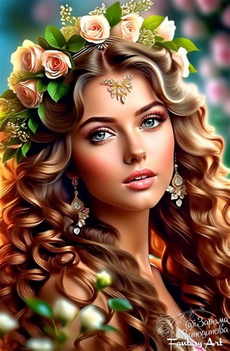 A Painting Of A Woman With Long Hair And Flowers In Her Hair Wearing A