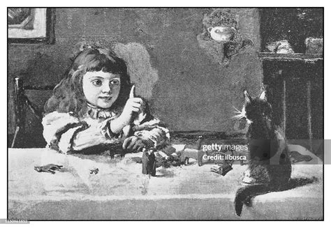 Antique Illustration Girl And Cat Playing High Res Vector Graphic