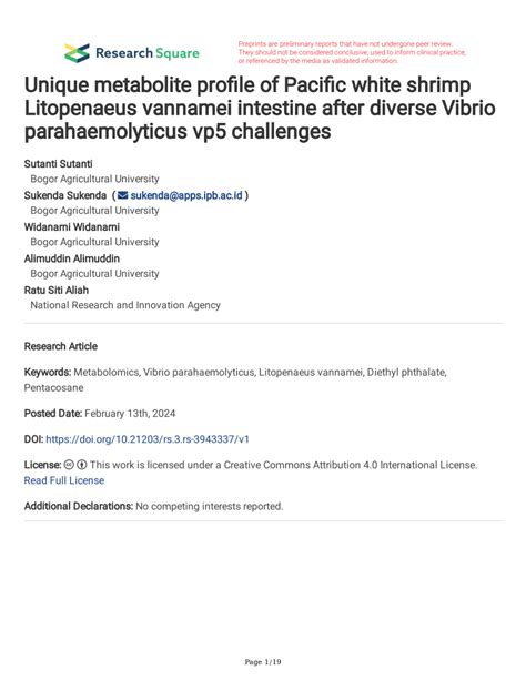 Pdf Unique Metabolite Profile Of Pacific White Shrimp Litopenaeus