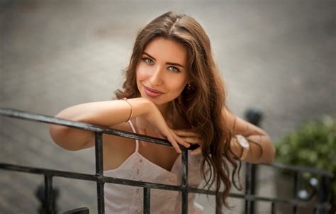 Wallpaper Look Pose Smile Portrait Makeup Hairstyle Railings Brown Hair For Mobile And