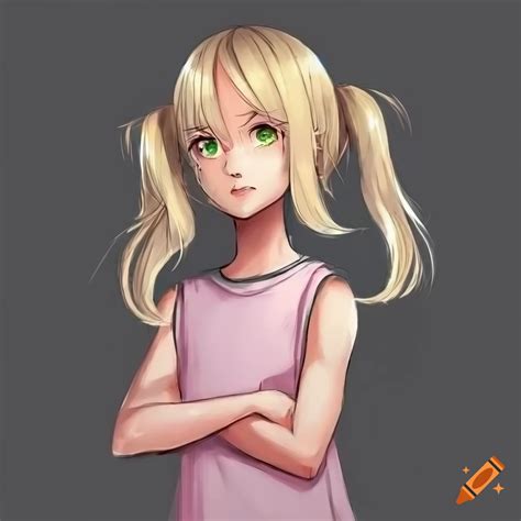 Anime Girl With Blonde Hair And Green Eyes In A Light Pink Sleeveless T